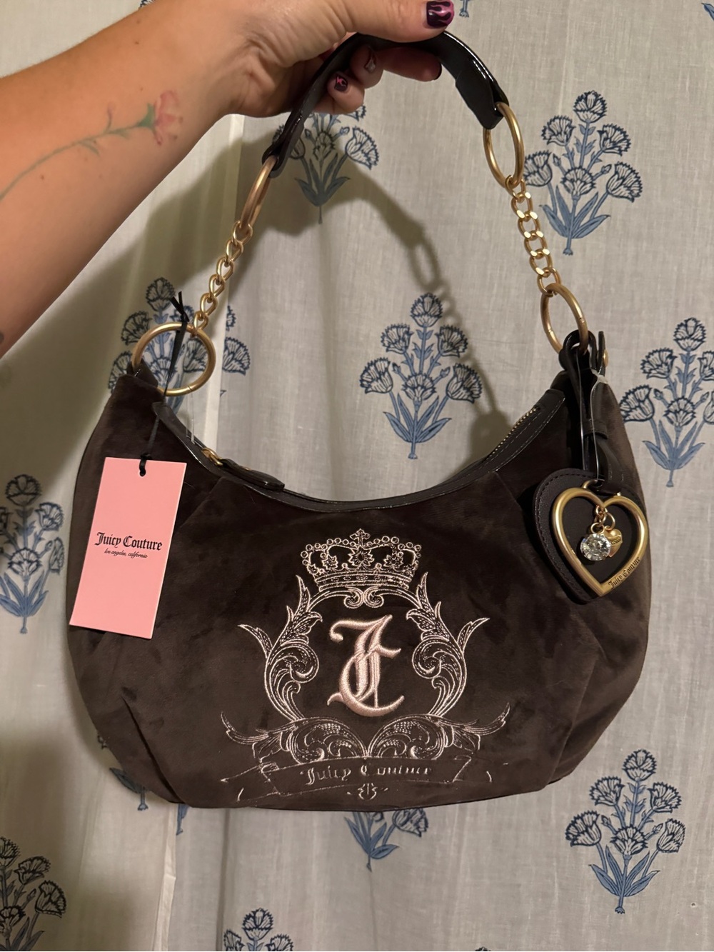 Juicy Couture Dark Brown Suede Hobo with Gold Heart Charm